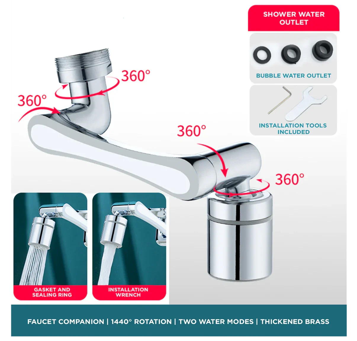 Universal Rotatable Faucet Extender - 1080° Directional - Steel / Copper Plated