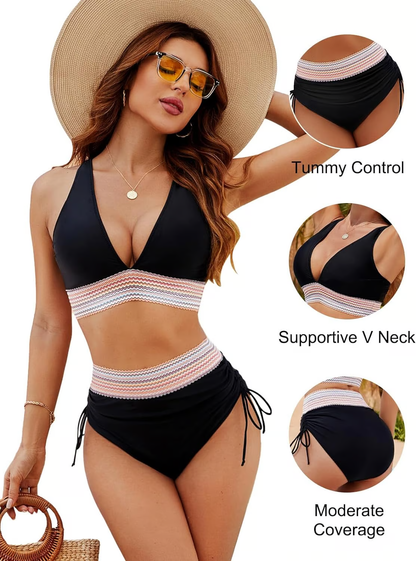 SunChic™ - High Waisted Tummy Control Color Block Bikini Sets