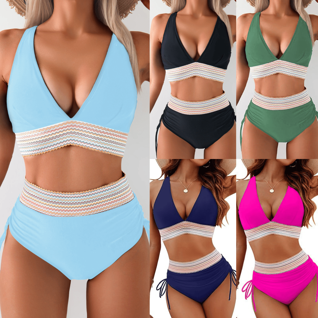SunChic™ - High Waisted Tummy Control Color Block Bikini Sets
