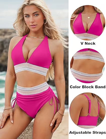 SunChic™ - High Waisted Tummy Control Color Block Bikini Sets