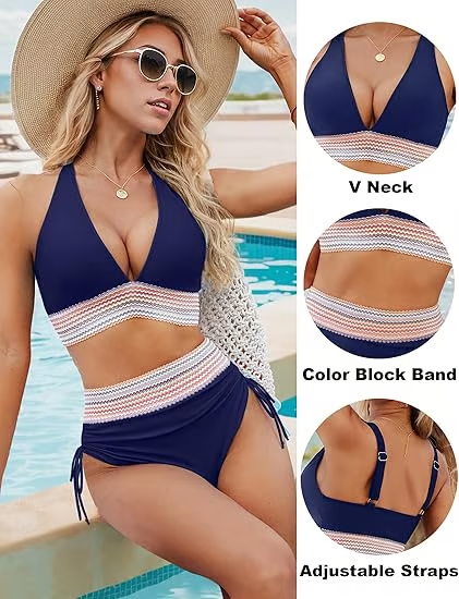 SunChic™ - High Waisted Tummy Control Color Block Bikini Sets