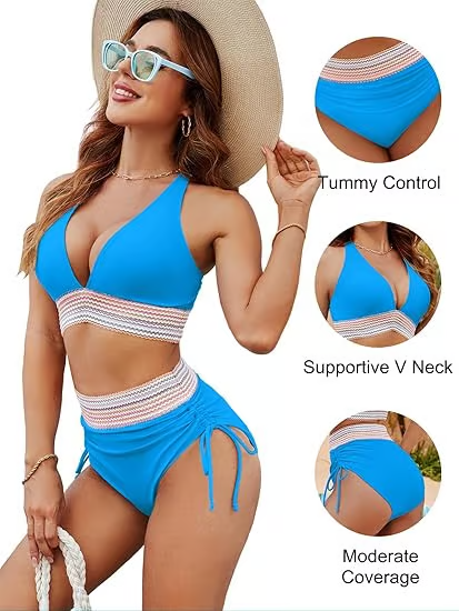 SunChic™ - High Waisted Tummy Control Color Block Bikini Sets